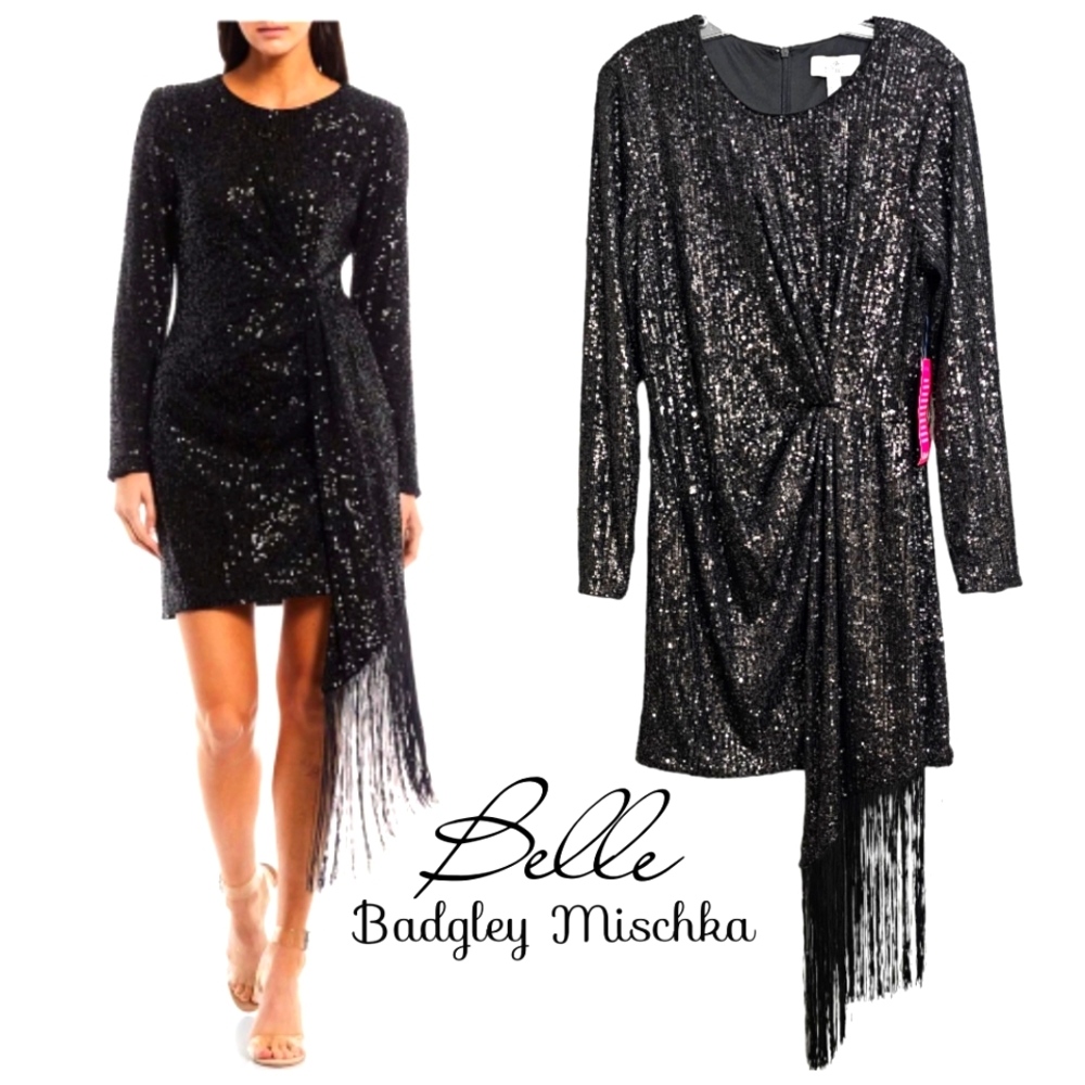 Belle Badgley Mischka Nwt Black Sequin Longsleeve Harley Long Fringed Sa…